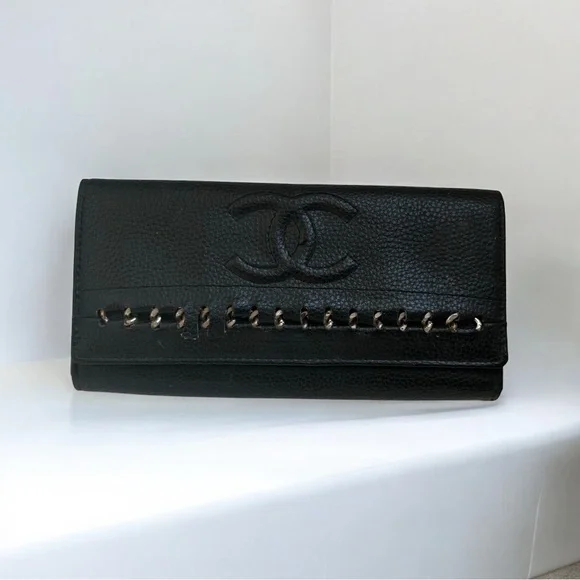 Vintage Chanel CC Logo Black Caviar Leather Wallet Designer Authentic Trifold - Picture 2 of 14